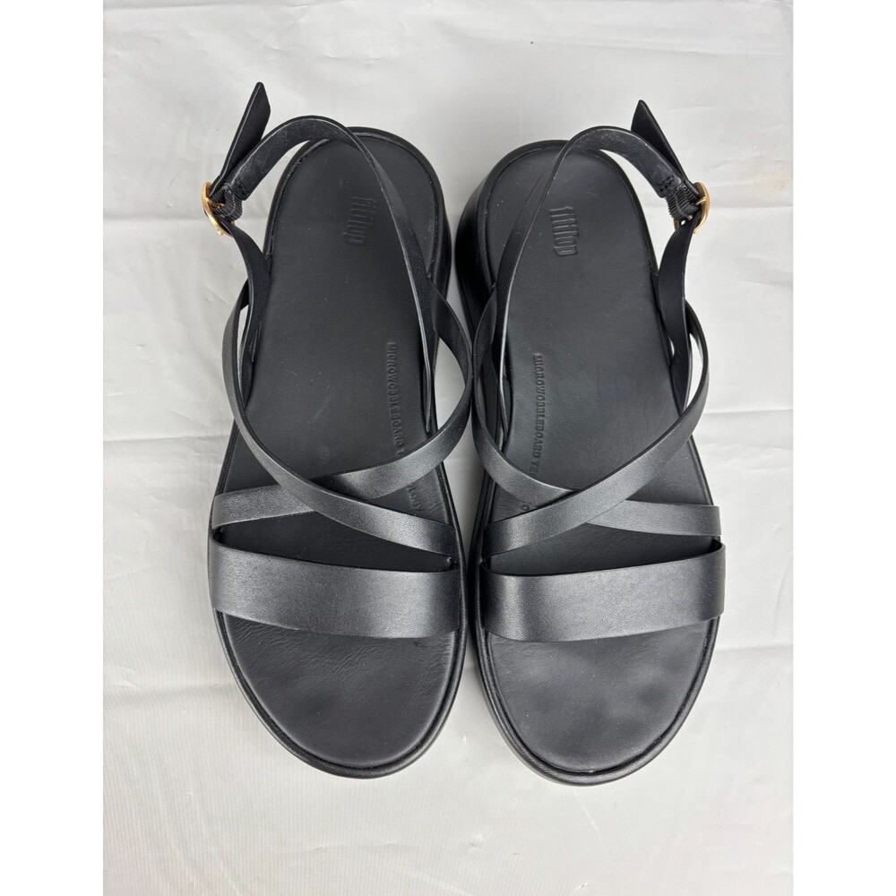 FitFlop F-Mode Leather Flatform Strappy Back-Strap Sandals Women's 8 Black Wedge - Picture 2 of 13